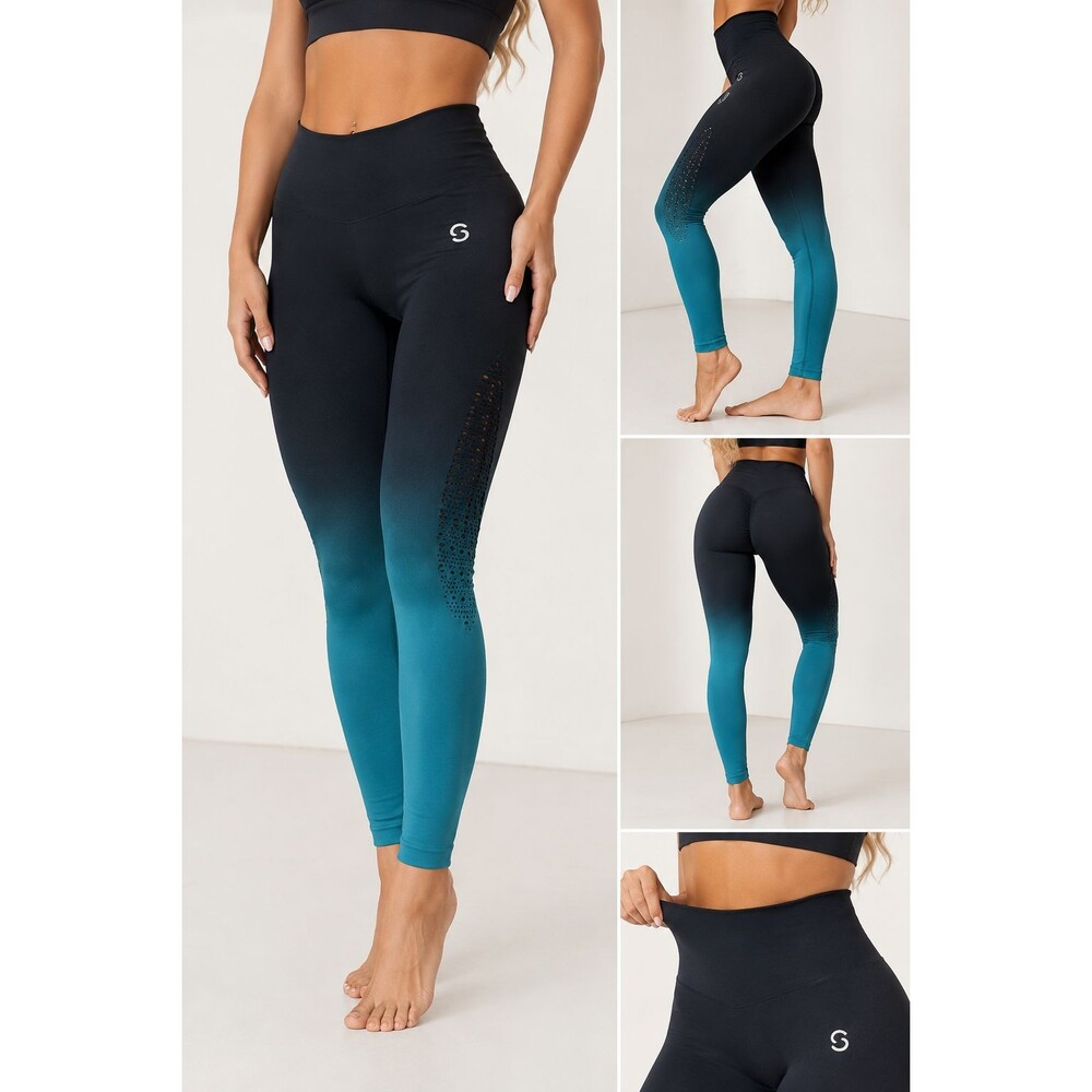 Curves N Combatboots CNC Ombre Leggings Black Teal Blue High Waisted Pants Sz XL